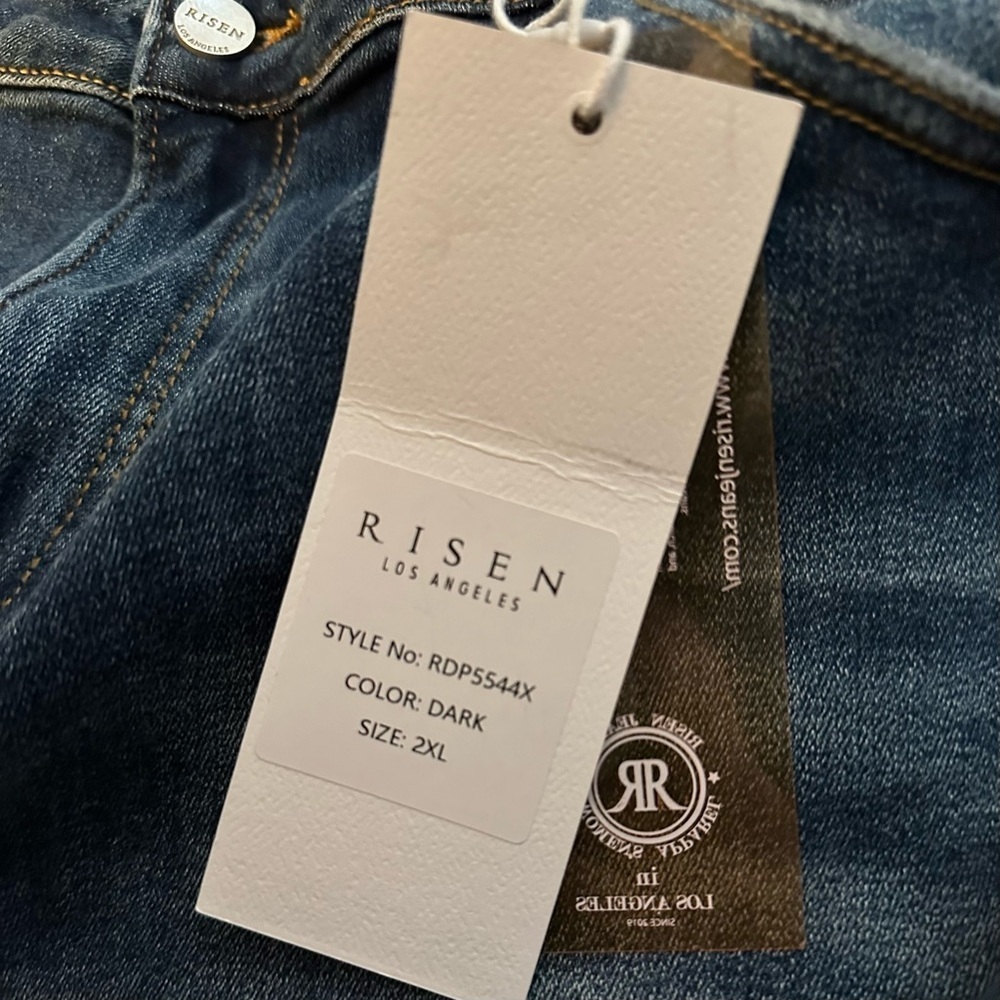 Risen High Rise Front Slit Frayed Hem Dark Flare Jeans Womens 2XL distressed NWT - Picture 10 of 10